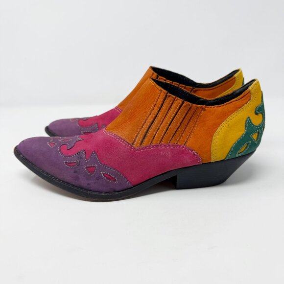Vintage 90s Circle S Multicolor Leather Western Ankle Booties Women's 8 Slip On - Picture 2 of 10